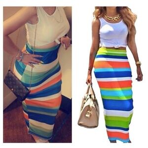 White Crop Top & Rainbow Stripe Shiny Maxi Skirt Set. Two-piece set